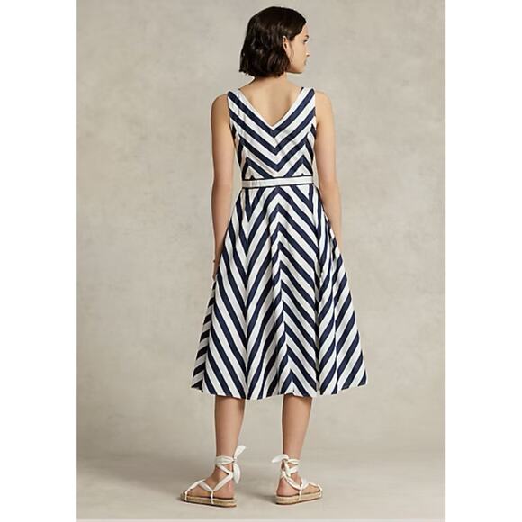 Polo Ralph Lauren Chevron-Stripe Cotton Midi Dress Womens 14 Navy Old Money Prep - Picture 7 of 16